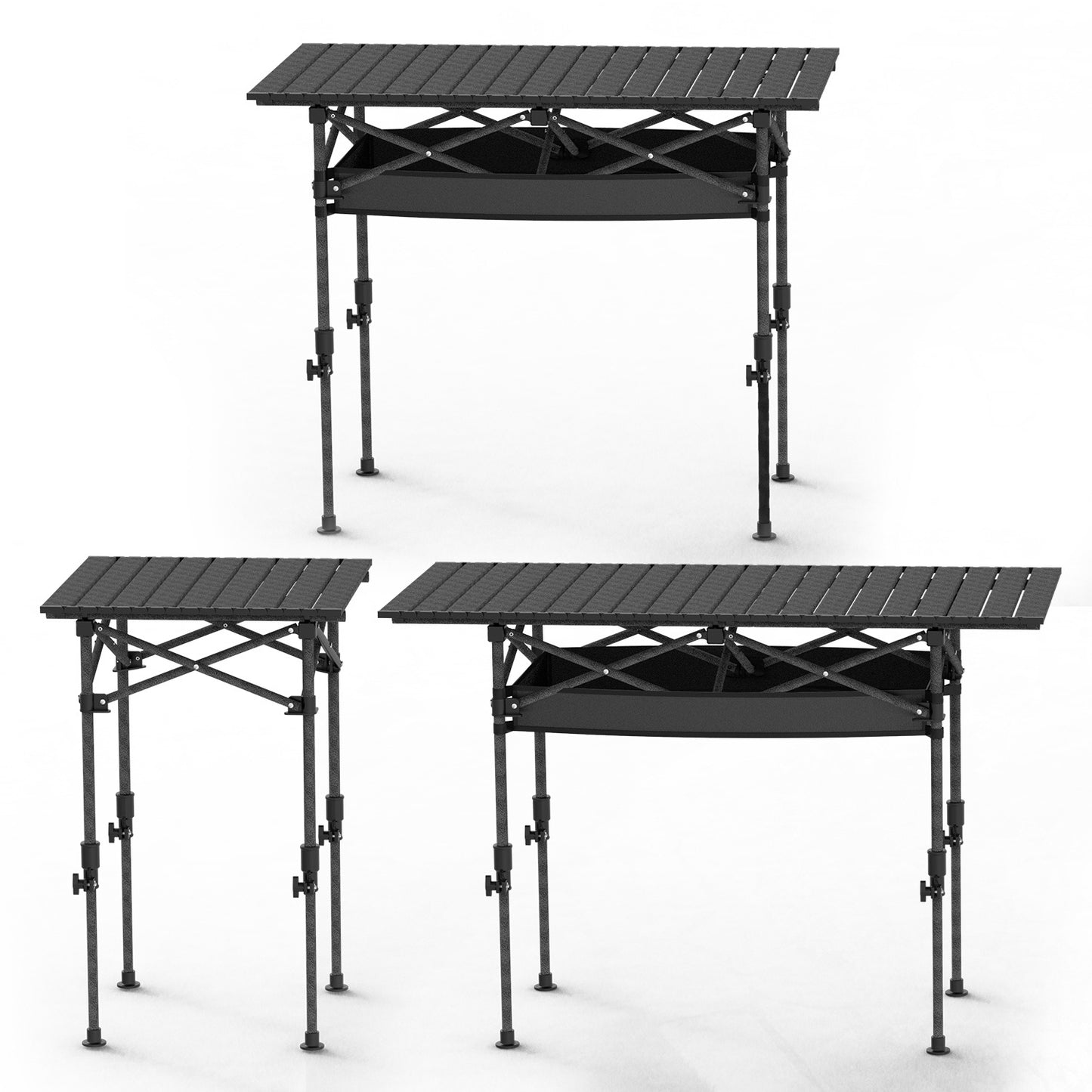 “Portable Folding Camping Table, Adjustable Height, Carbon Steel, Roll-Up, 55lbs Load”