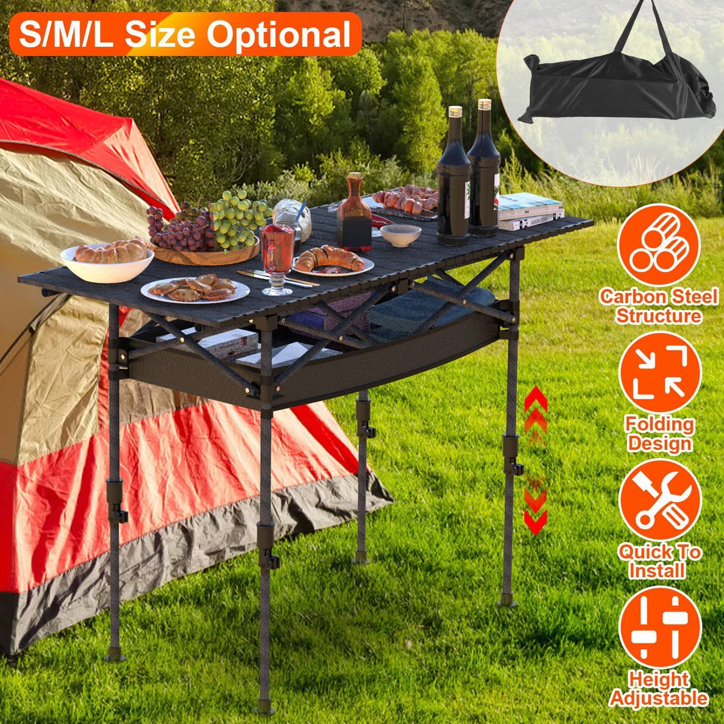 “Portable Folding Camping Table, Adjustable Height, Carbon Steel, Roll-Up, 55lbs Load”