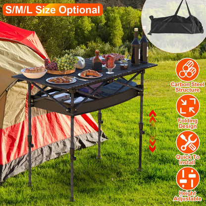 “Portable Folding Camping Table, Adjustable Height, Carbon Steel, Roll-Up, 55lbs Load”