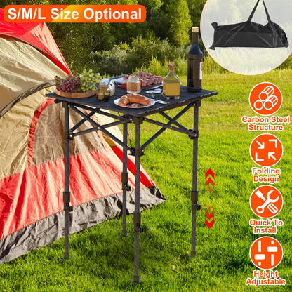 “Portable Folding Camping Table, Adjustable Height, Carbon Steel, Roll-Up, 55lbs Load”