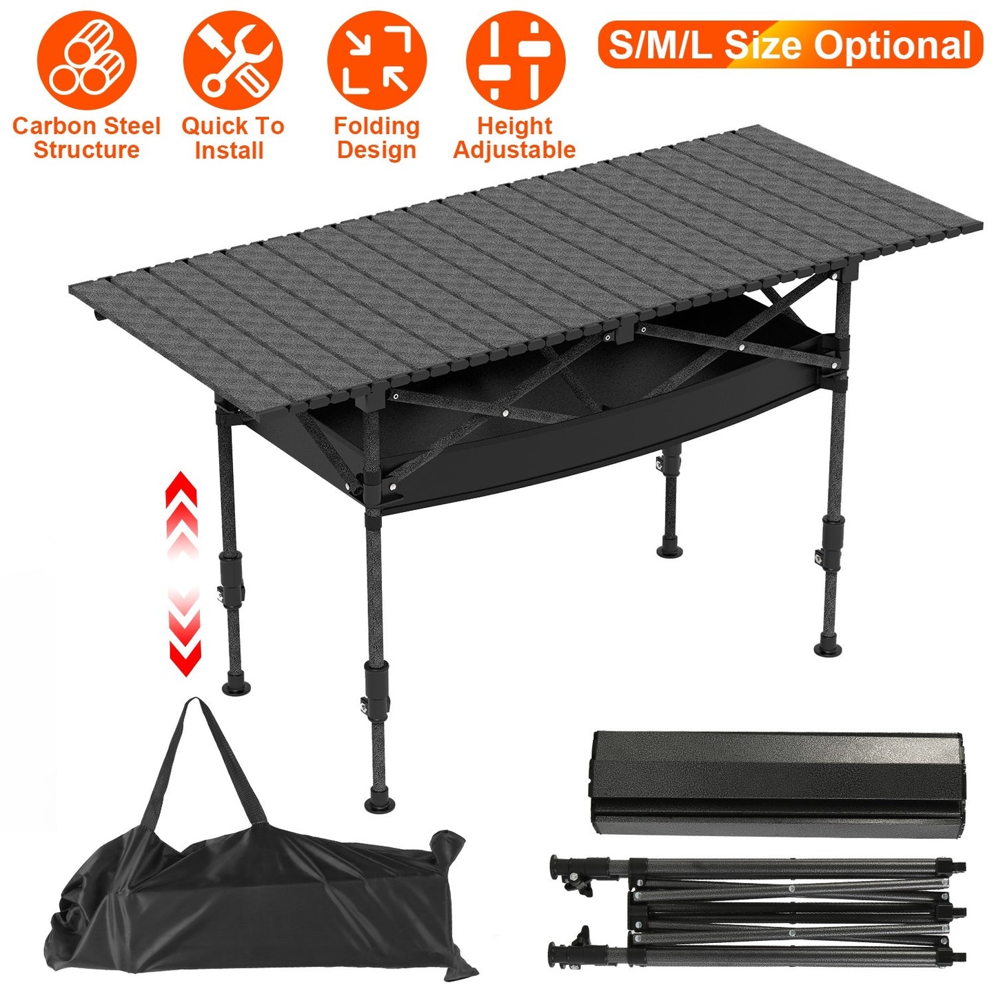 “Portable Folding Camping Table, Adjustable Height, Carbon Steel, Roll-Up, 55lbs Load”