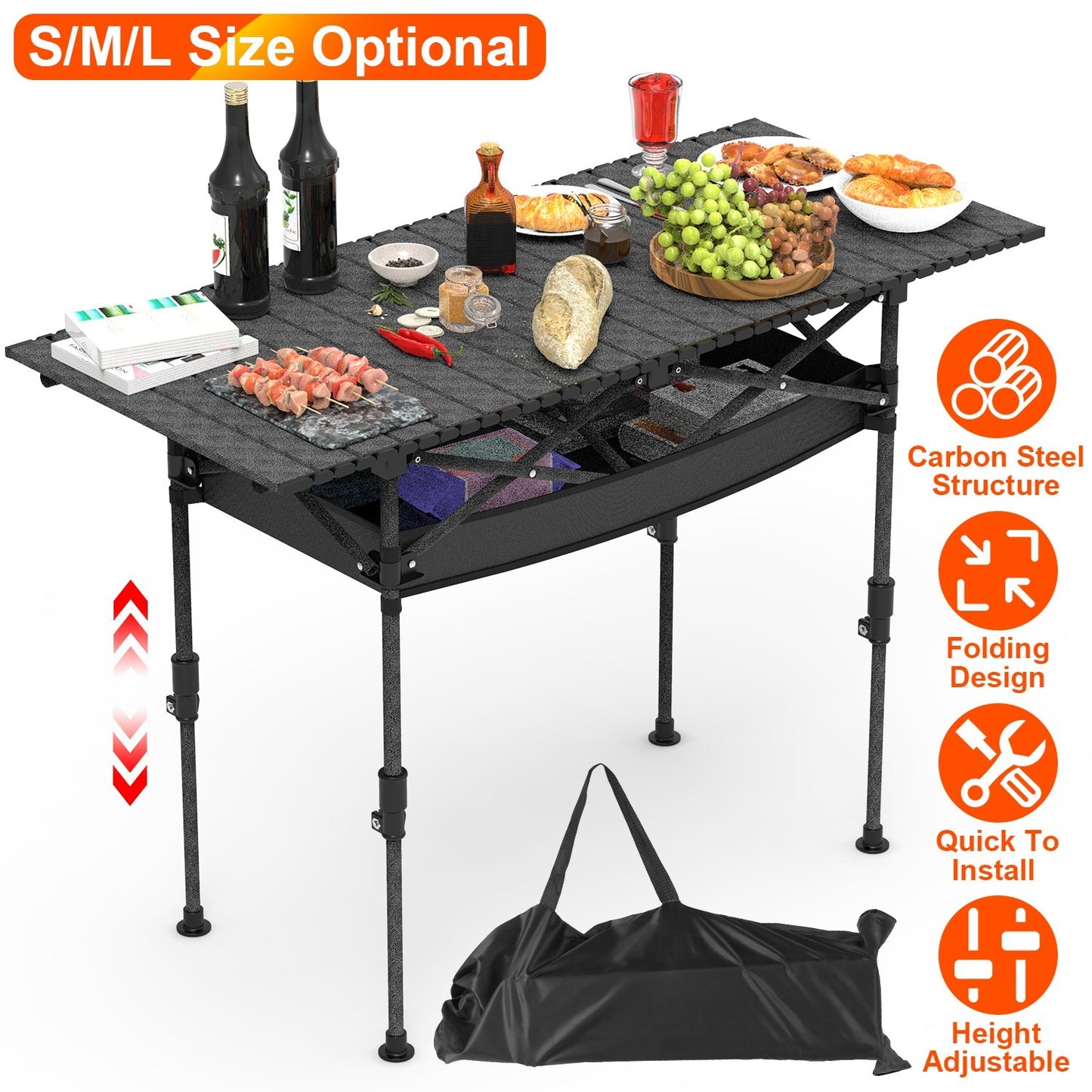 “Portable Folding Camping Table, Adjustable Height, Carbon Steel, Roll-Up, 55lbs Load”