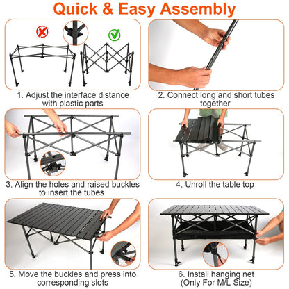 “Portable Folding Camping Table, Adjustable Height, Carbon Steel, Roll-Up, 55lbs Load”
