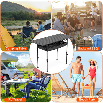 “Portable Folding Camping Table, Adjustable Height, Carbon Steel, Roll-Up, 55lbs Load”