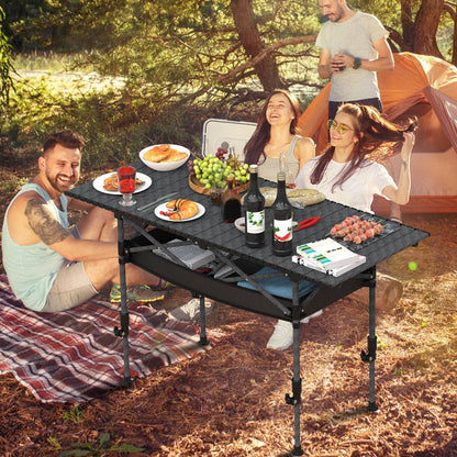“Portable Folding Camping Table, Adjustable Height, Carbon Steel, Roll-Up, 55lbs Load”