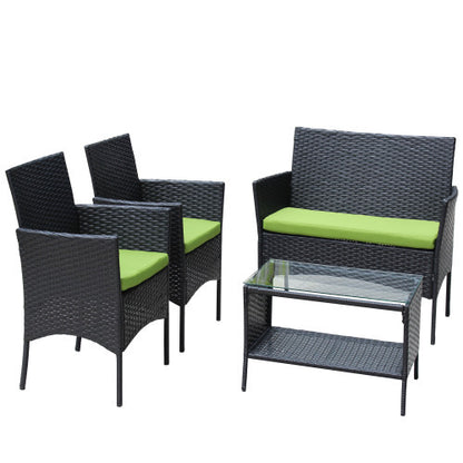 4 PC Rattan Patio Furniture Set Outdoor Patio Cushioned Seat Wicker Sofa Green Cushion