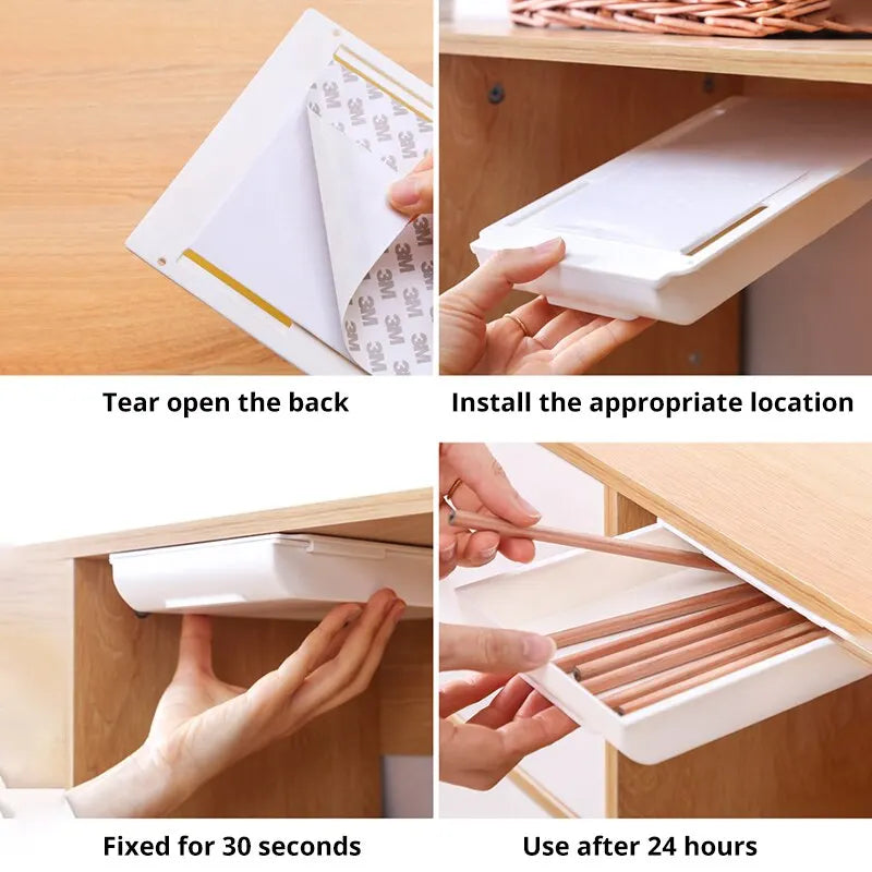 1Pc White Selfadhesive Storage Drawer Box Makeup Pencil Tray Desk Hidden under Desk Stand Self-Adhesive Under-Drawer Storage Box