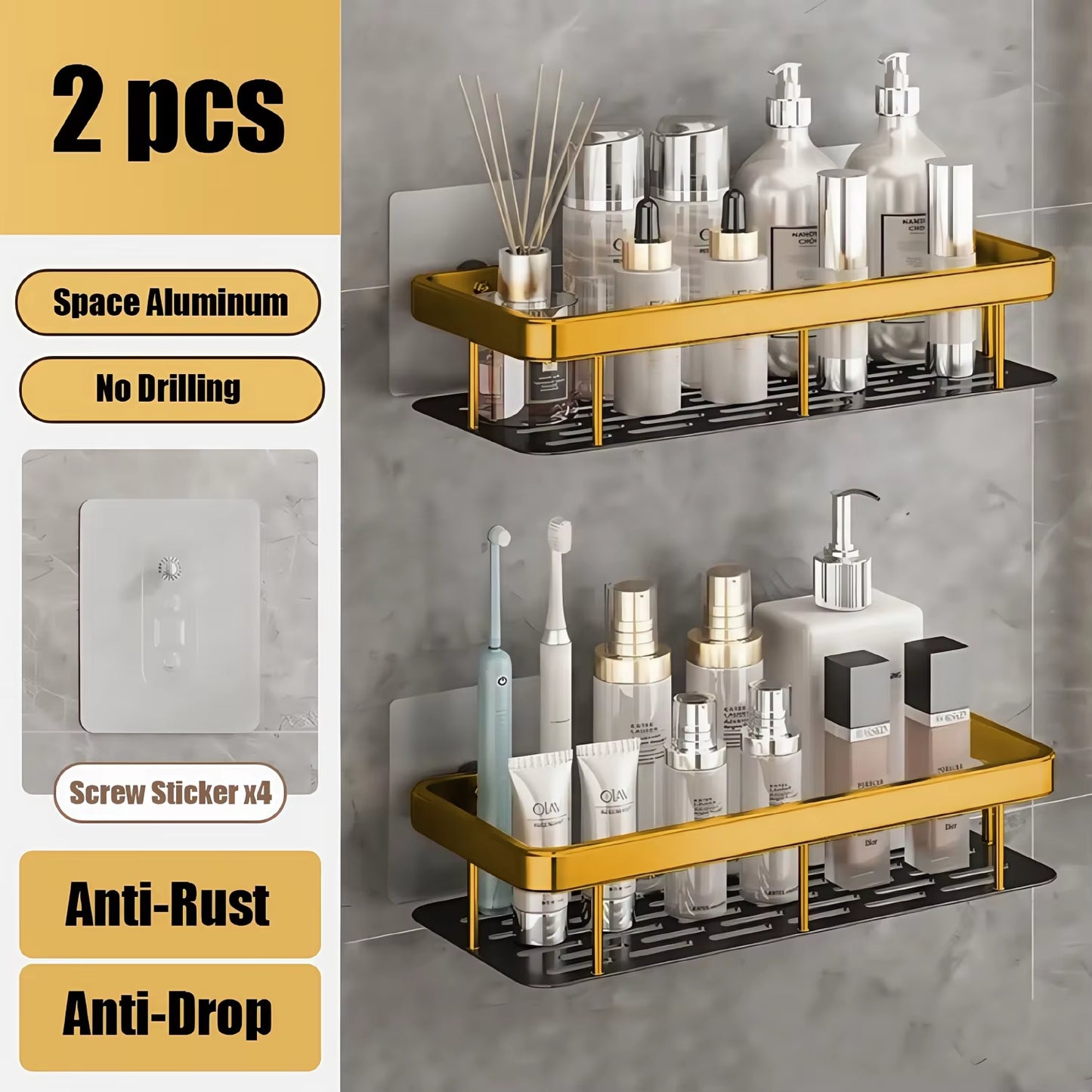 Bathroom Shelf Makeup Storage Organizer Aluminum Alloy Shampoo Rack Shower Shelf Bathroom Accessories No Drill Wall Shelf
