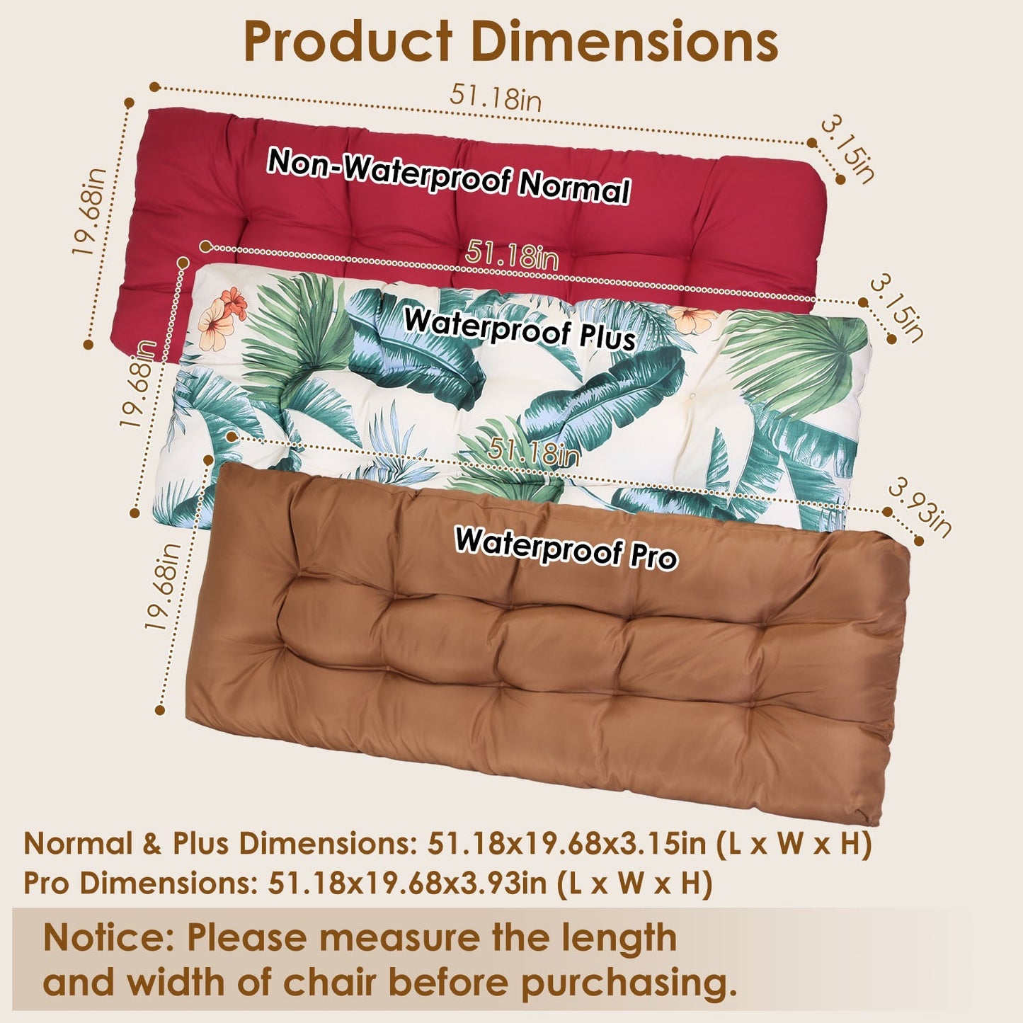 “1Pc Bench Seat Cushion, Indoor/Outdoor, Water-Resistant Options, 8cm/10cm, 51x20in”