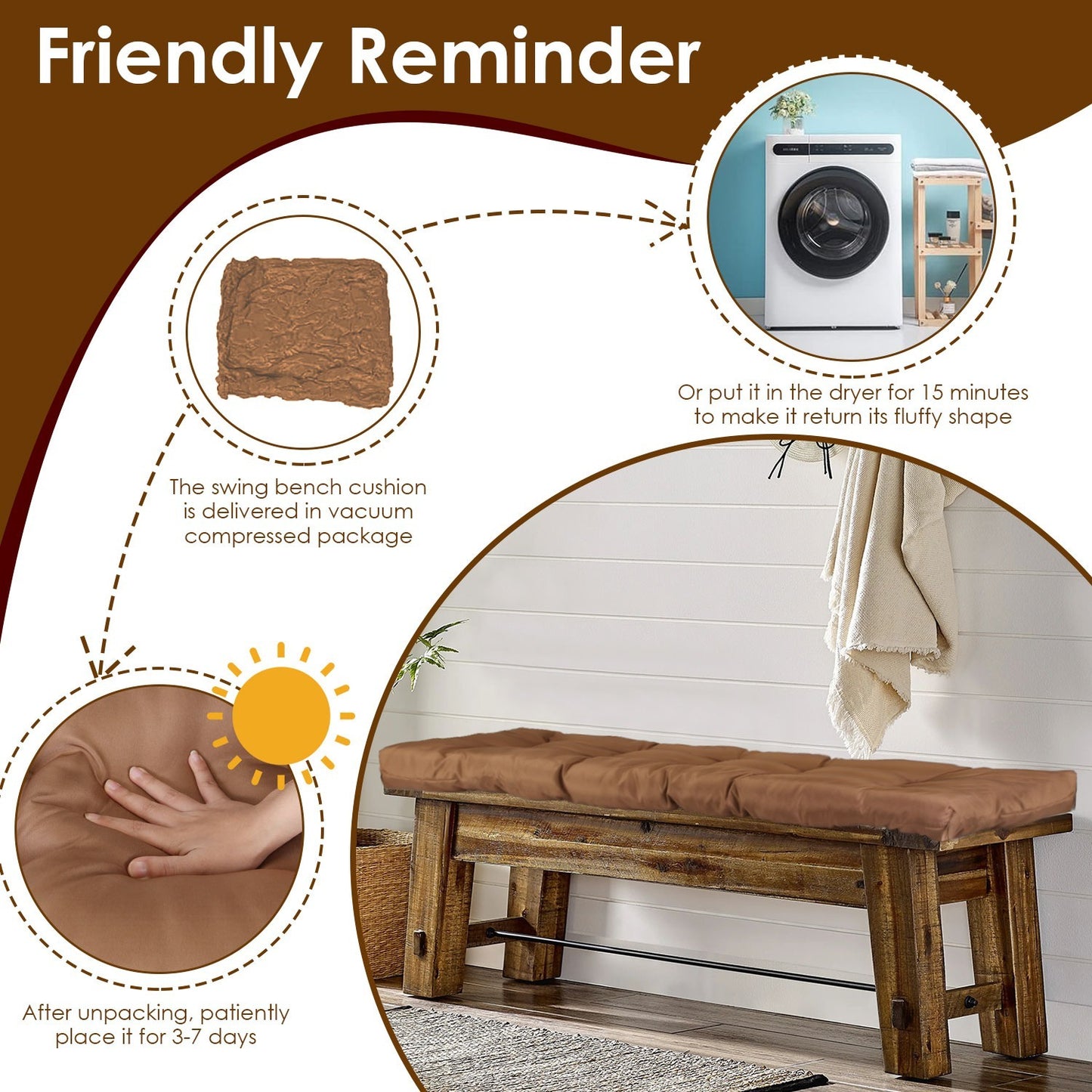 “1Pc Bench Seat Cushion, Indoor/Outdoor, Water-Resistant Options, 8cm/10cm, 51x20in”