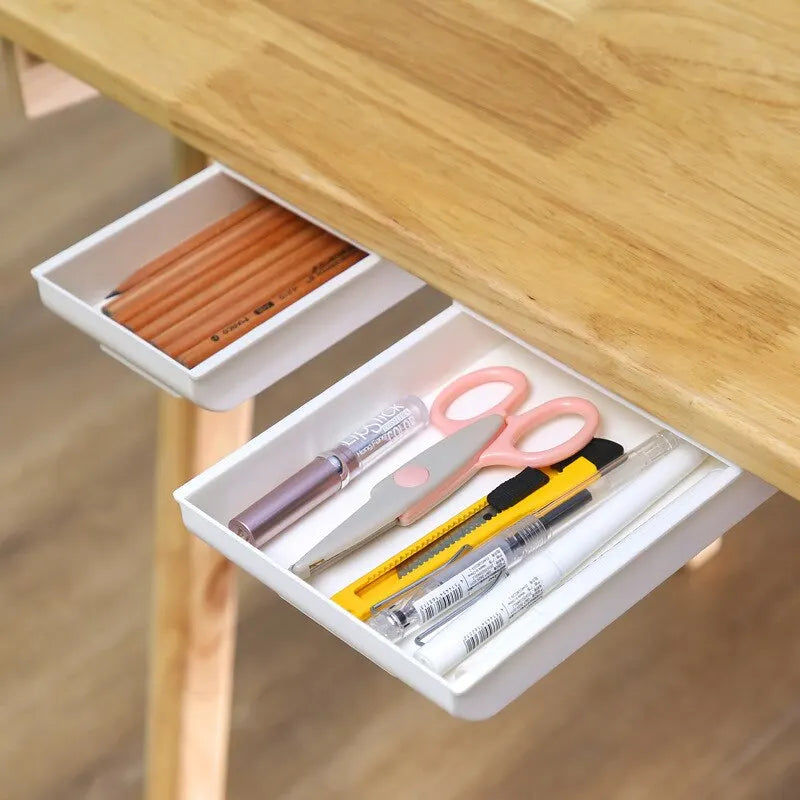 1Pc White Selfadhesive Storage Drawer Box Makeup Pencil Tray Desk Hidden under Desk Stand Self-Adhesive Under-Drawer Storage Box